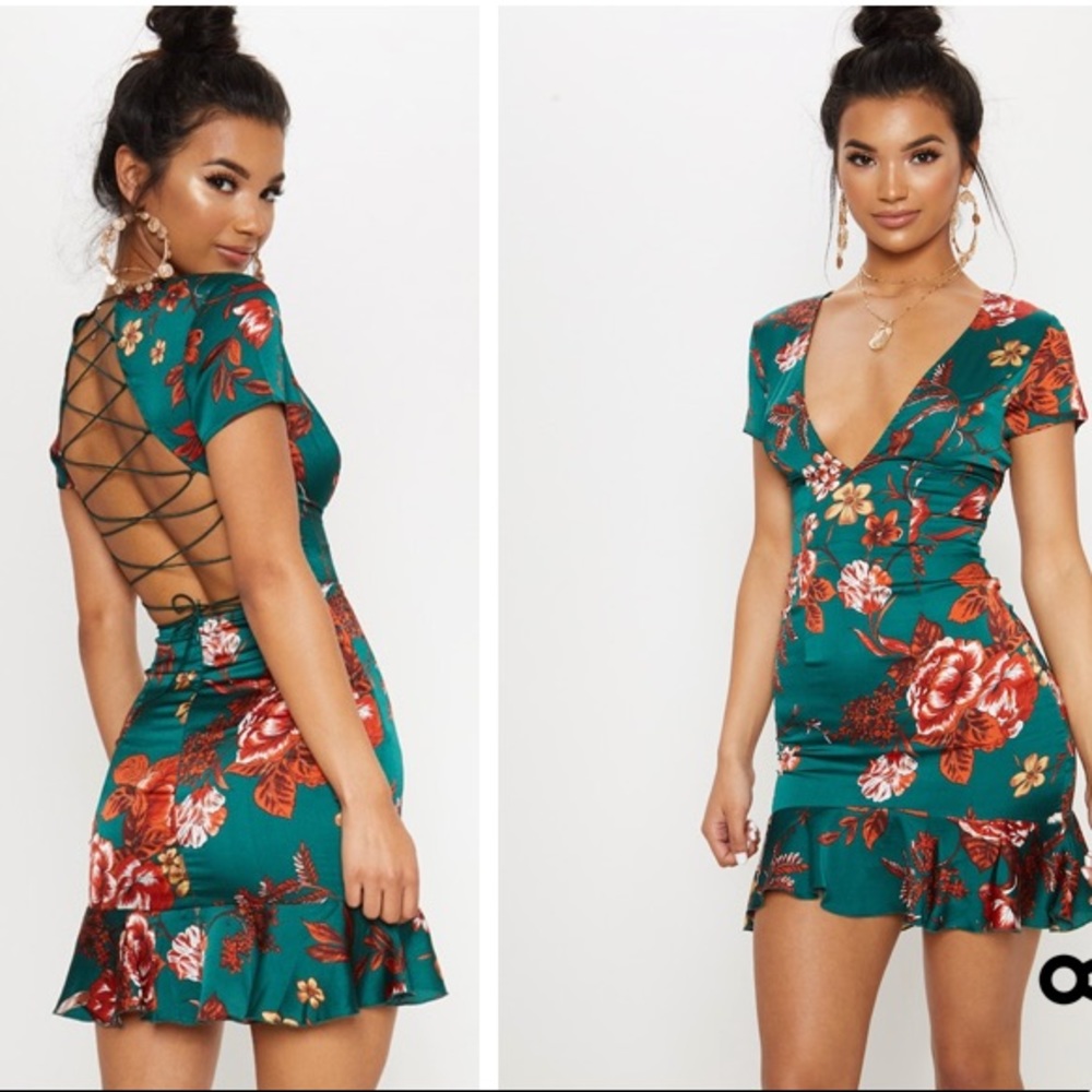 Green floral low cut dress.